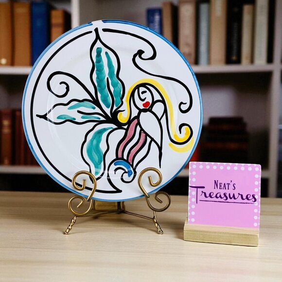 The Cellar ABSTRACTED WOMAN Blue Trim Yellow Hair Ceramic Italy Dinner Plate - Picture 1 of 8